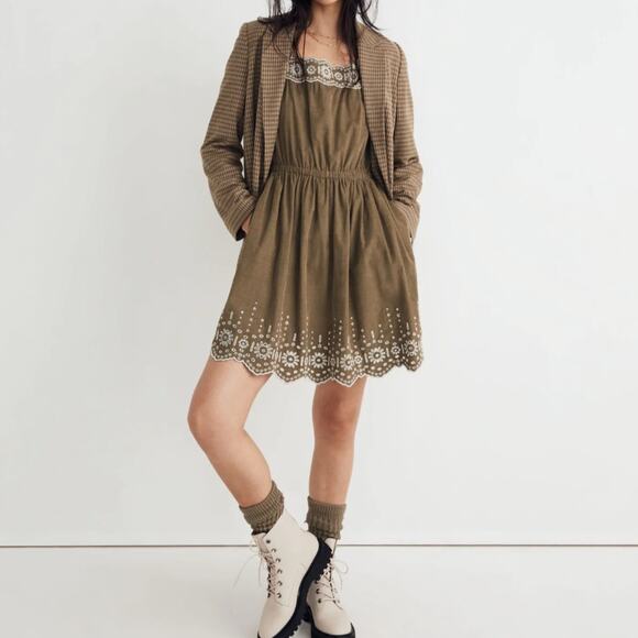 Madewell Embroidered Corduroy Square Neck Mini Dress Green Floral Cotton Medium - Picture 1 of 10